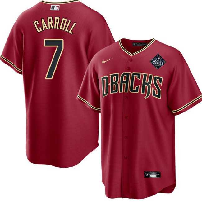 Men's Arizona Diamondbacks #7 Corbin Carroll Red 2023 World Series Cool Base Stitched Jersey Dzhi